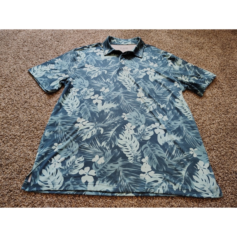01.ALGO Mens XL Performance Polo Shirt Blue Tropical Floral UPF 40 MGA10169